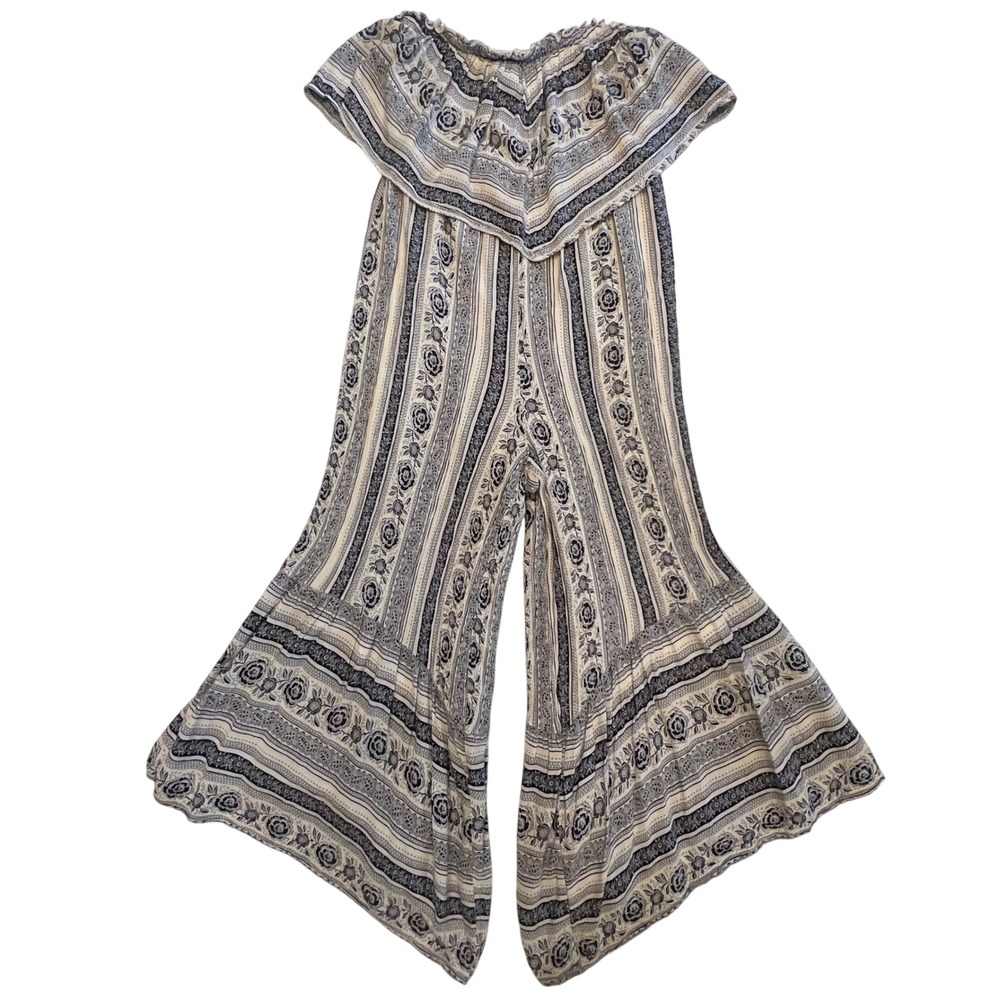 American Eagle Blue White Floral Boho Wide Leg Strapless Smocked Jumpsuit Size M - Picture 2 of 8